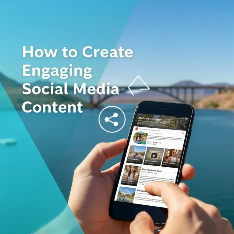 How to Create Engaging Social Media Content 1 A person holding a smartphone and scrolling through social media content by a blue lake with mountains in the background; text reads,