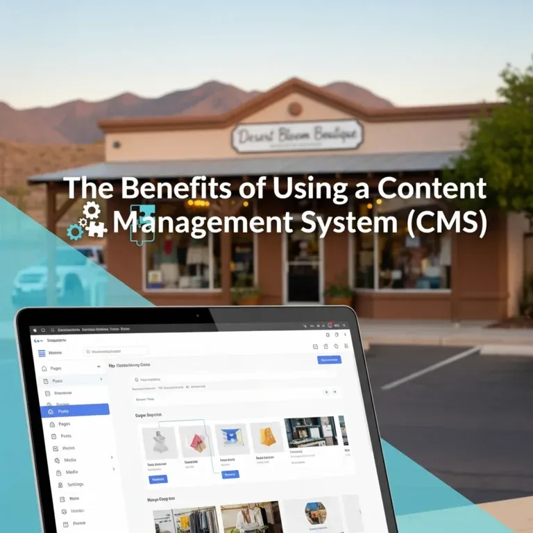 The Benefits of Using a Content Management System (CMS) 1 A laptop displaying The Benefits of Using a Content Management System (CMS) is in the foreground, with a boutique storefront and mountains blurred in the background. Text reads: