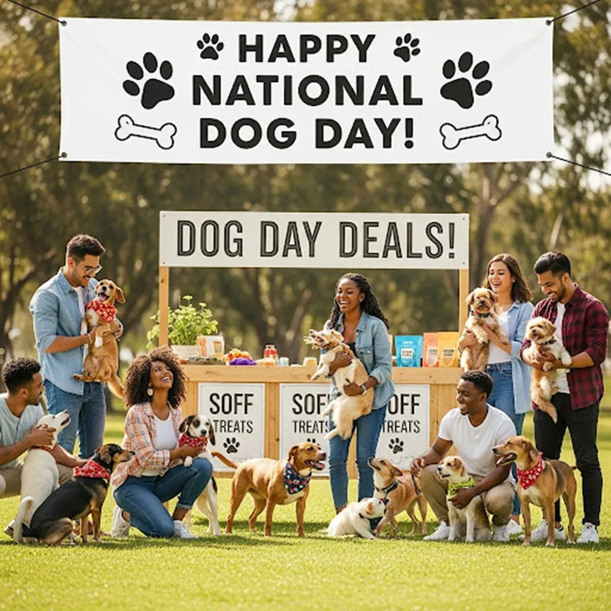 National Dog Day Marketing Ideas 4 A group of people with dogs pose outdoors in front of a “Happy National Dog Day!” banner and a booth promoting National Dog Day marketing with “Dog Day Deals!” and “Soft Treats” signs. The festive scene unfolds in a grassy park.