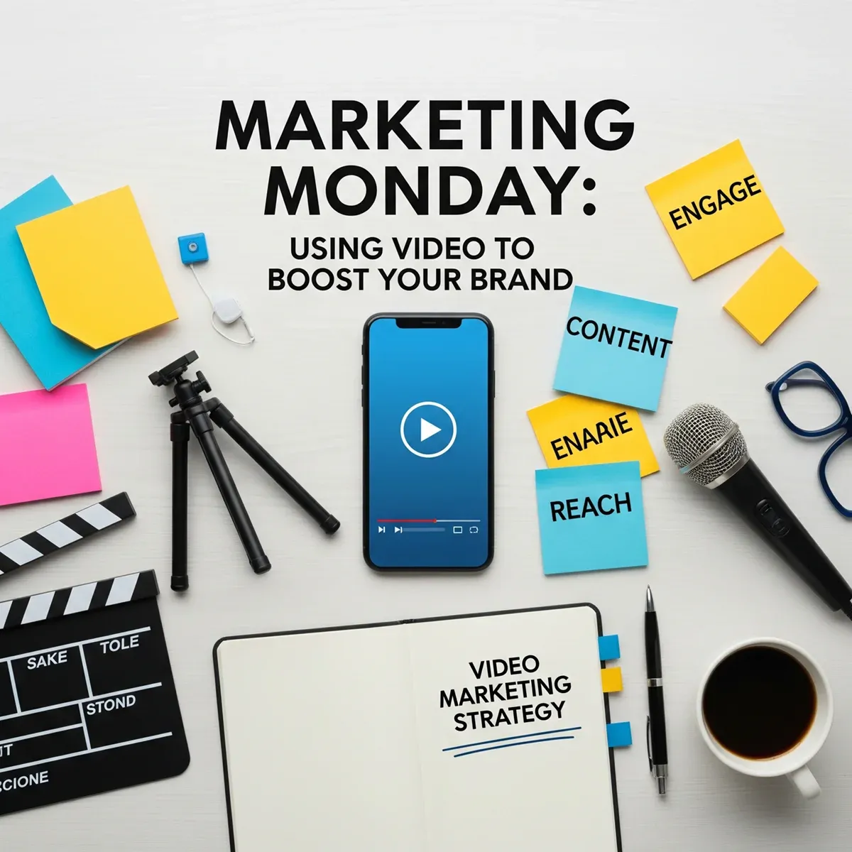 Marketing Monday: Using Video to Boost Your Brand 2 A workspace with a smartphone showing a video, a microphone, tripod, coffee, sticky notes labeled “engage,” “content,” “enable,” “reach,” and a notebook titled “Video Marketing Strategy.” Text reads: “Marketing Monday: Mohave County video marketing tips.”.