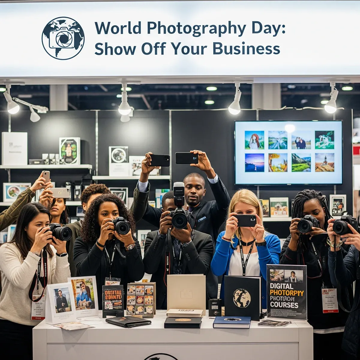 World Photography Day: Show Off Your Business 1 A group of people, each holding a camera or smartphone, stand in front of a booth with a sign that reads