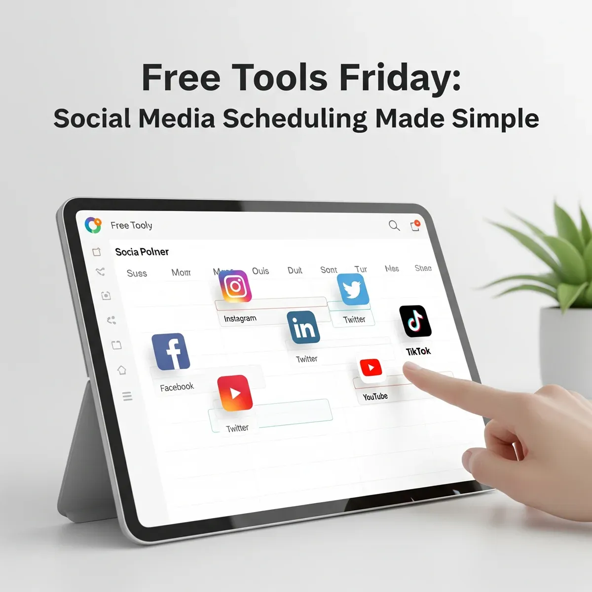 Free Tools Friday: Social Media Scheduling Made Simple 2 A hand points at a tablet displaying free social media scheduling tools, featuring icons for Facebook, Instagram, Twitter, TikTok, and YouTube. Text above reads, “Free Tools Friday: Social Media Scheduling Made Simple.”.