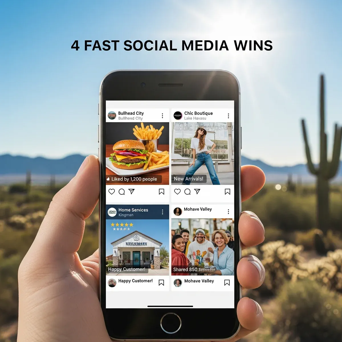 4 Fast Social Media Wins for Mohave County Businesses 6 A hand holds a smartphone displaying four social media posts with text and images; the background features a Mohave County desert landscape with cacti and mountains under a clear sky. The caption reads: “4 FAST Mohave County social media tips.”.