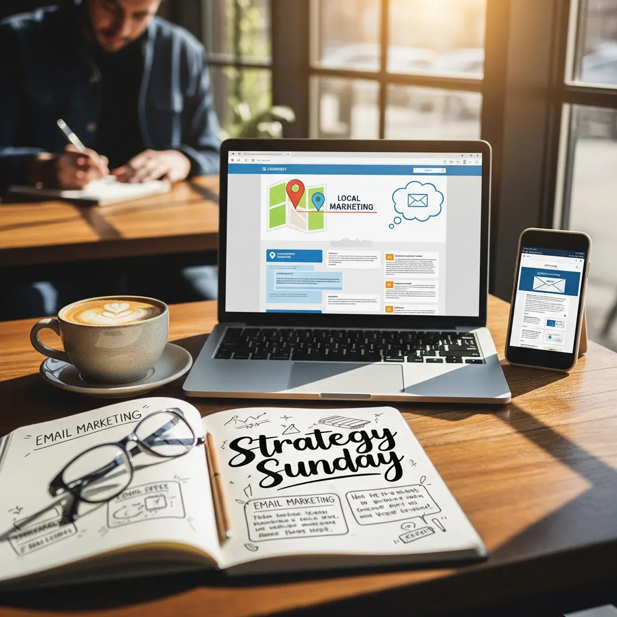 Strategy Sunday: Email Marketing for Local Customers 4 A laptop and smartphone display a local marketing webpage on a café table beside coffee, a notebook labeled