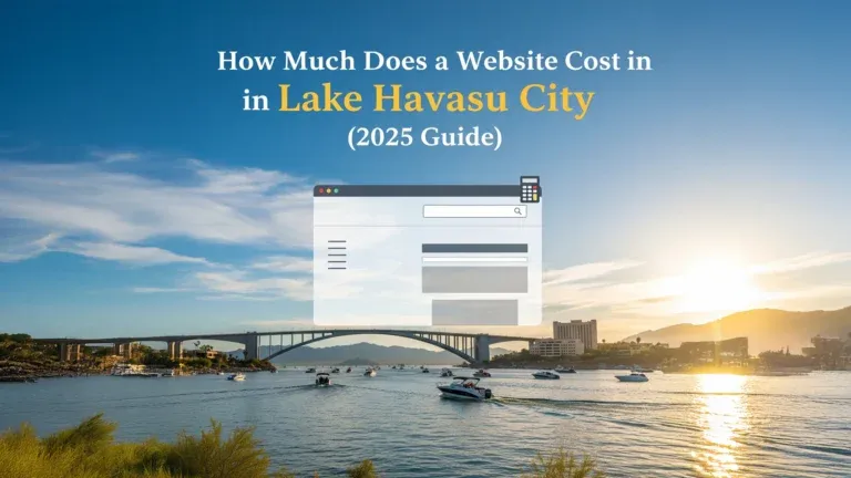 How Much Does a Website Cost in Lake Havasu City (2025 Guide) 1 A scenic view of a river with boats, a bridge, and buildings at sunset. Overlaid text reads